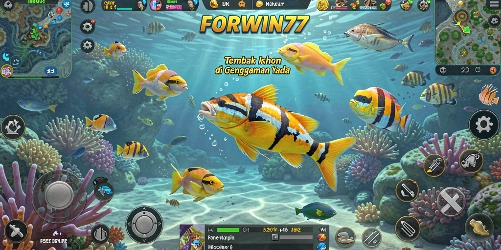Tangkapan layar utama FORWIN77 menampilkan aksi seru dalam menangkap ikan.