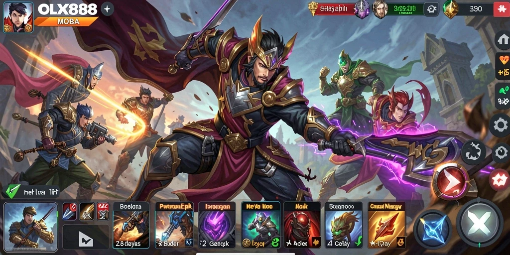Screenshot utama OLX888 menampilkan aksi seru dalam pertarungan MOBA.